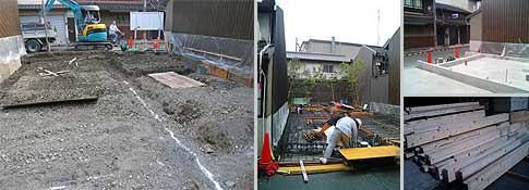 基礎の掘削、配筋、建材の調達、土台工事